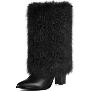 Womens 3.3 Inch Black Chunky Mid Calf Fur Heel Fuzzy Pointed Toe Boots